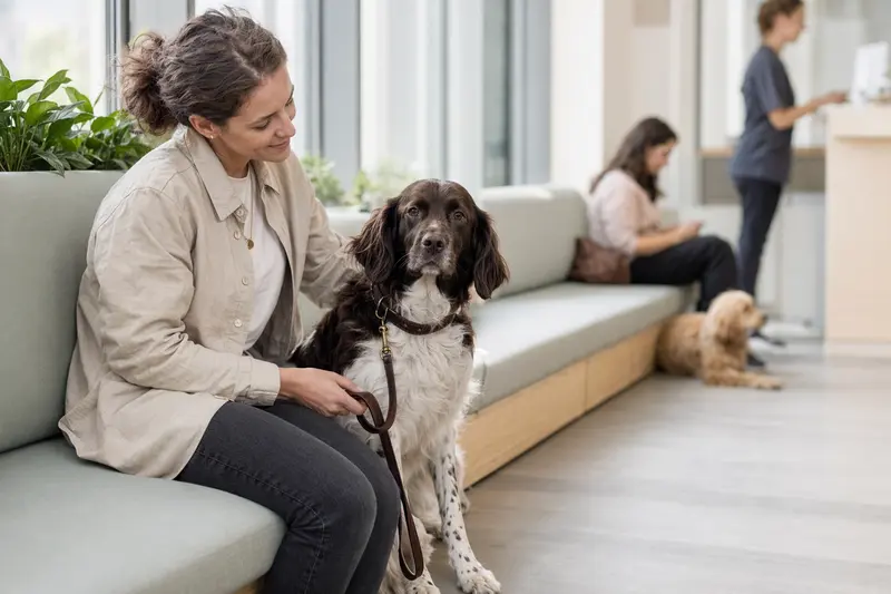 Wetterhoun Hund sitzt ruhig neben seinem Besitzer im hellen Wartezimmer einer modernen Tierarztpraxis.